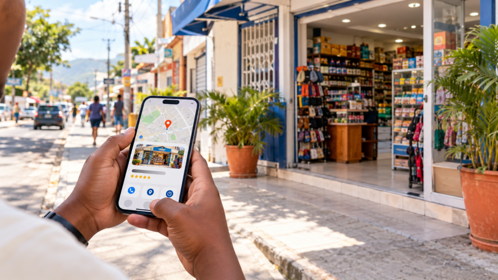 Client qui consulte la fiche Google d'un commerce sur son téléphone
